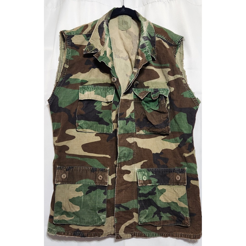 Vintage US Military Woodland‎ Camo Vest Cutoff Sleeves Sergeant Med Long READ!